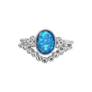 Blue Opal & CZ Double Band Sterling Silver Ring